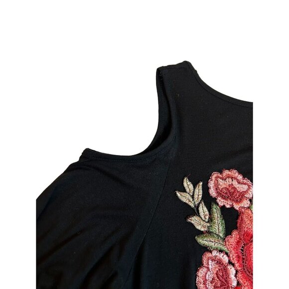 Women's Black Cold Shoulder Top Large With Floral Embroidery Long‎ Sleeves - Picture 3 of 6